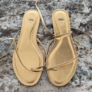 ZARA Gold Metallic Strappy Flat Sandals